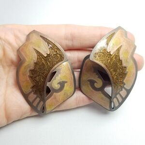 Vintage Berebi Big Funky Stud Earrings Tan Enamel Wing Shape Retro 80s Statement